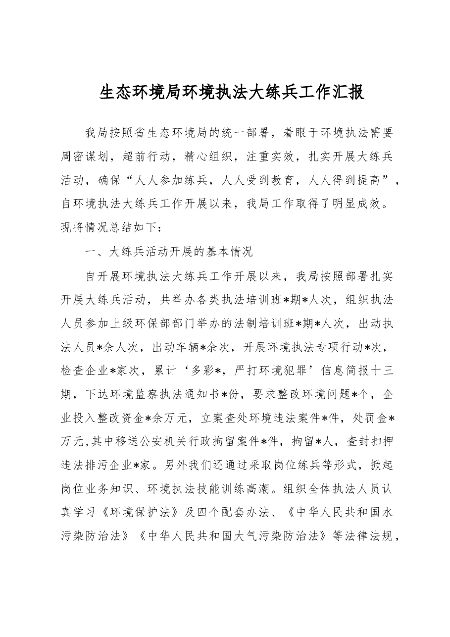 生态环境局环境执法大练兵工作汇报.docx,第1页预览