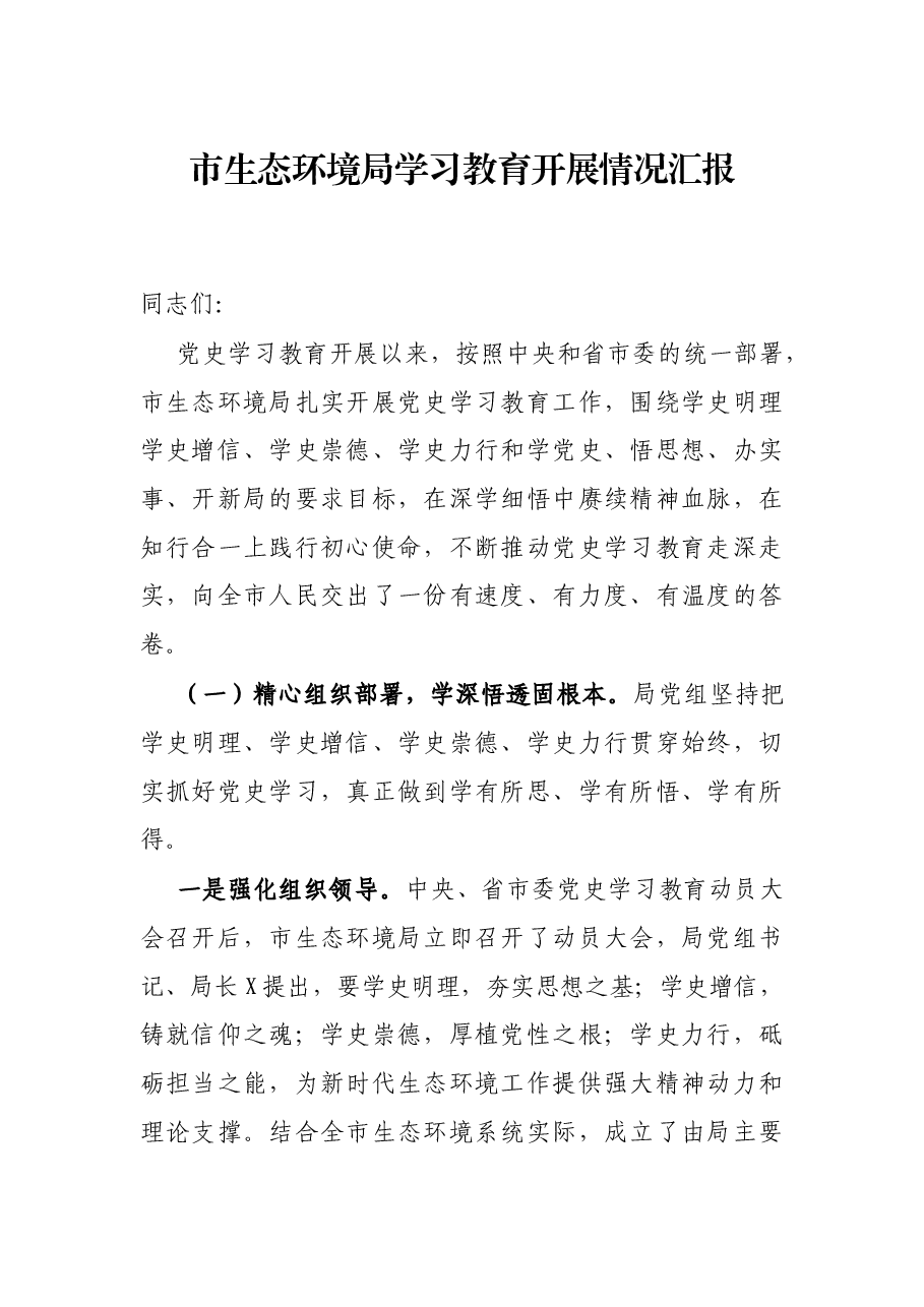 市生态环境局学习教育开展情况汇报.docx,第1页预览