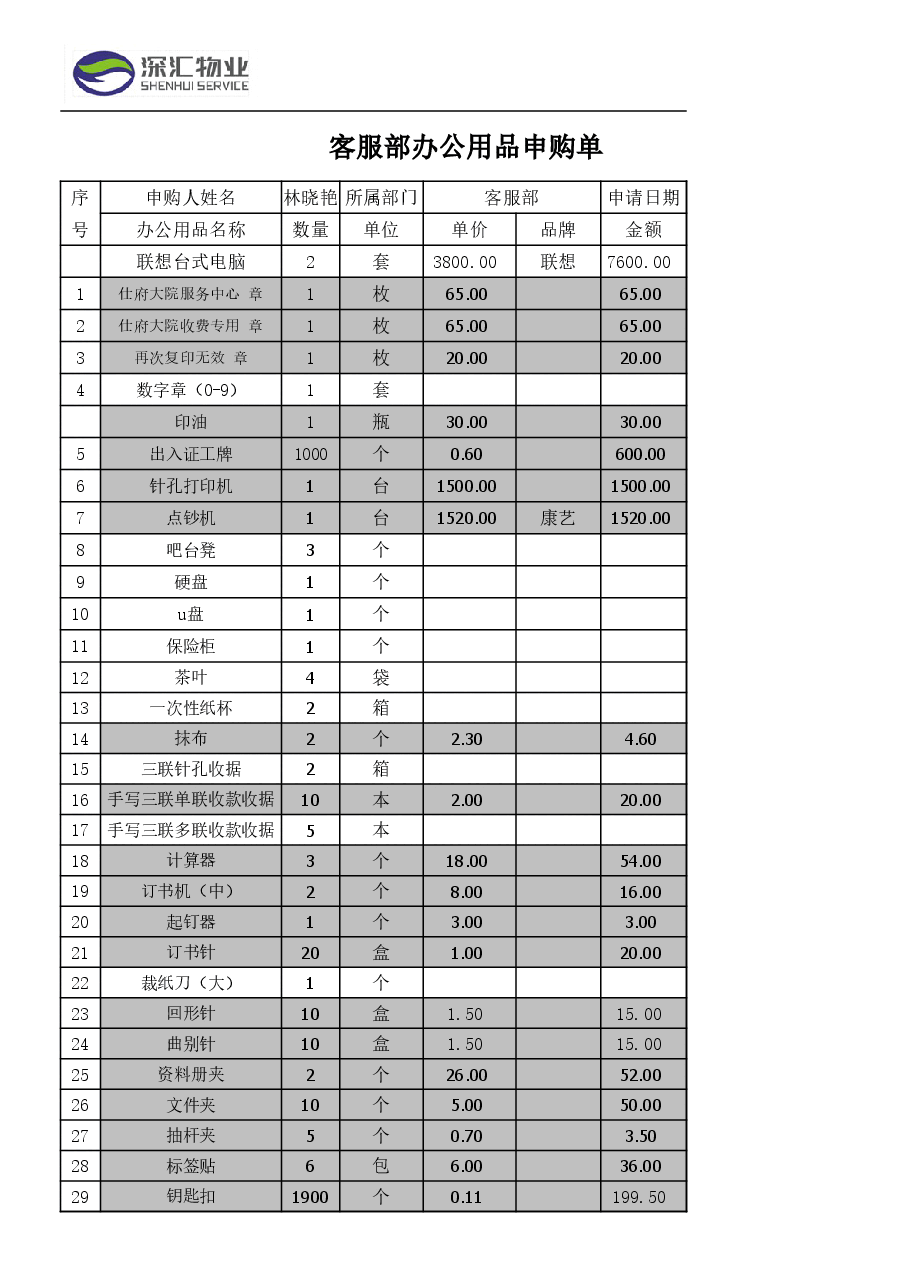 办公用品申购单.xlsx，第1页预览