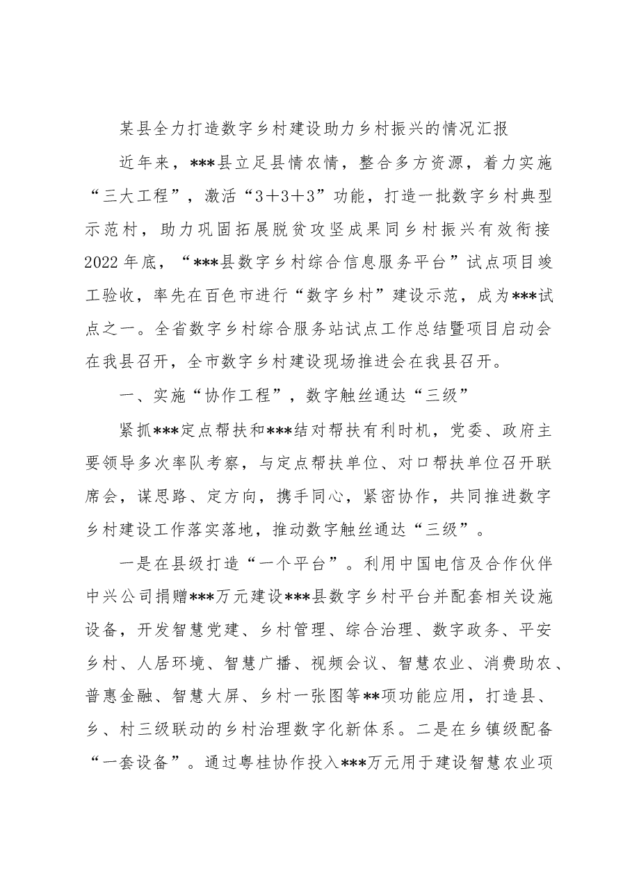 某县全力打造数字乡村建设助力乡村振兴的情况汇报.docx,第1页预览