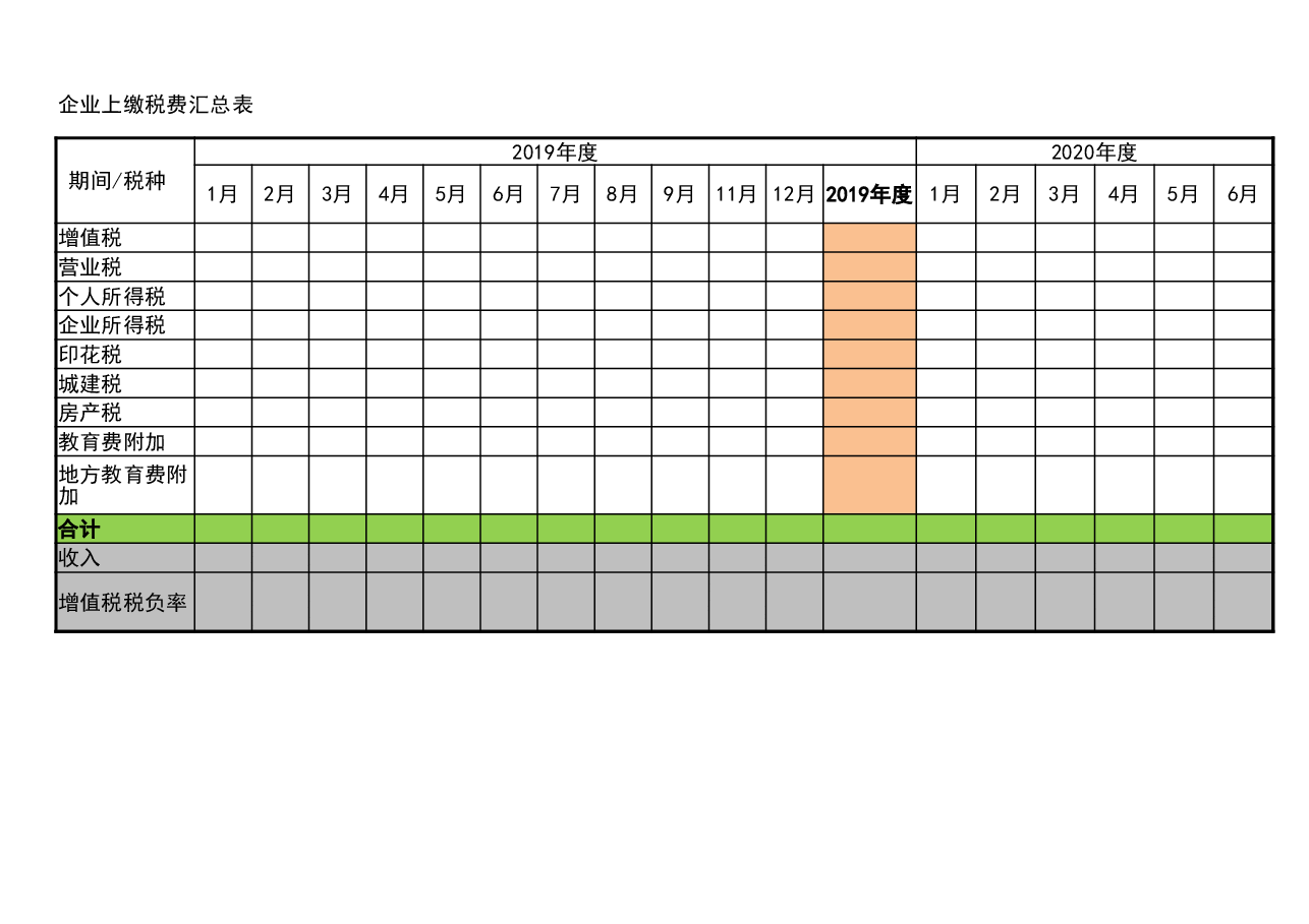 管理报表14-企业上缴税费汇总表模板.xlsx,第1页预览