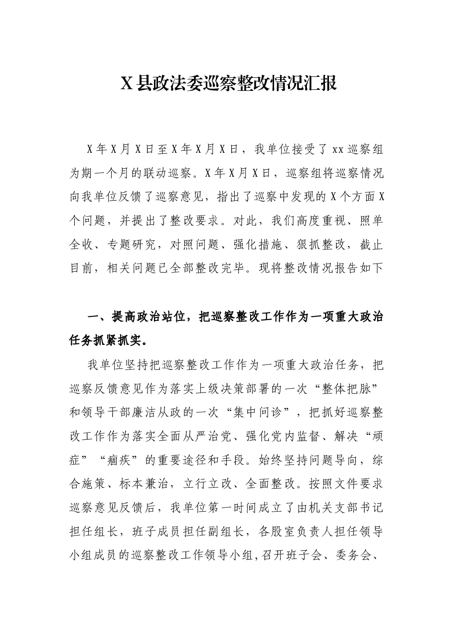 X县政法委巡察整改情况汇报.docx,第1页预览
