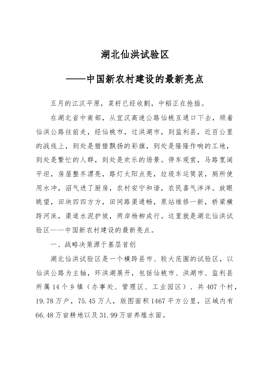 湖北仙洪试验区——中国新农村建设的最新亮点.docx,第1页预览
