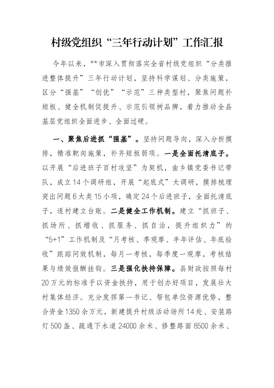 村级党组织“三年行动计划”工作汇报.docx,第1页预览