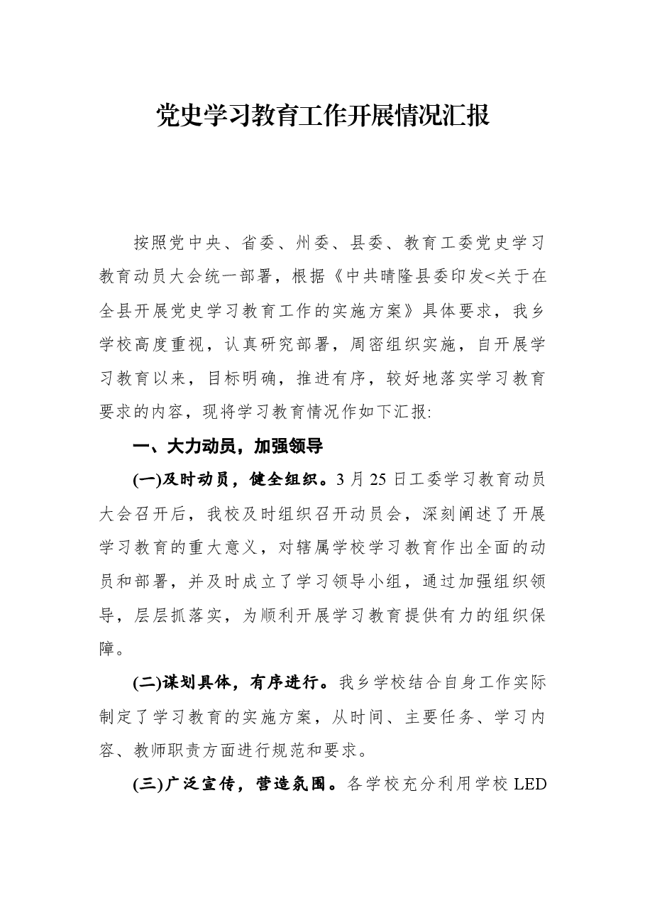 党史学习教育工作开展情况汇报.docx,第1页预览