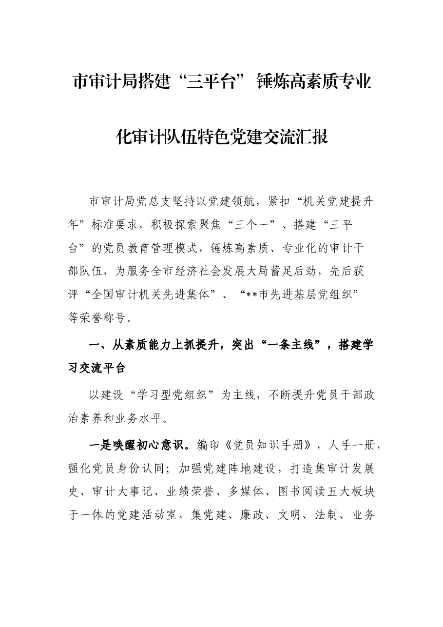 市审计局搭建“三平台” 锤炼高素质专业化审计队伍特色党建交流汇报.docx,第1页预览