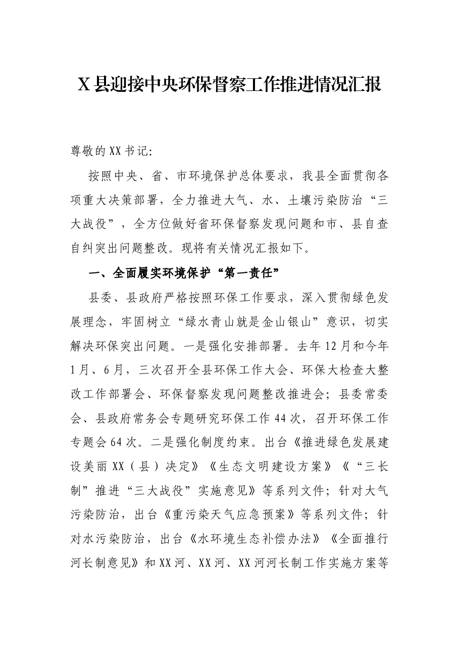 X县迎接中央环保督察工作推进情况汇报.docx,第1页预览