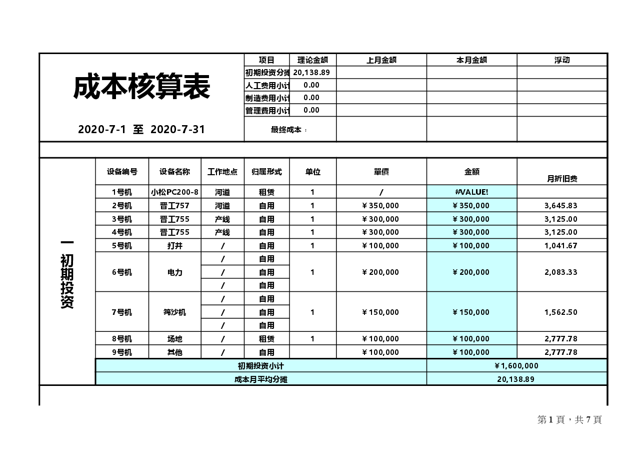 财税工具-成本核算格式.xls,第1页预览