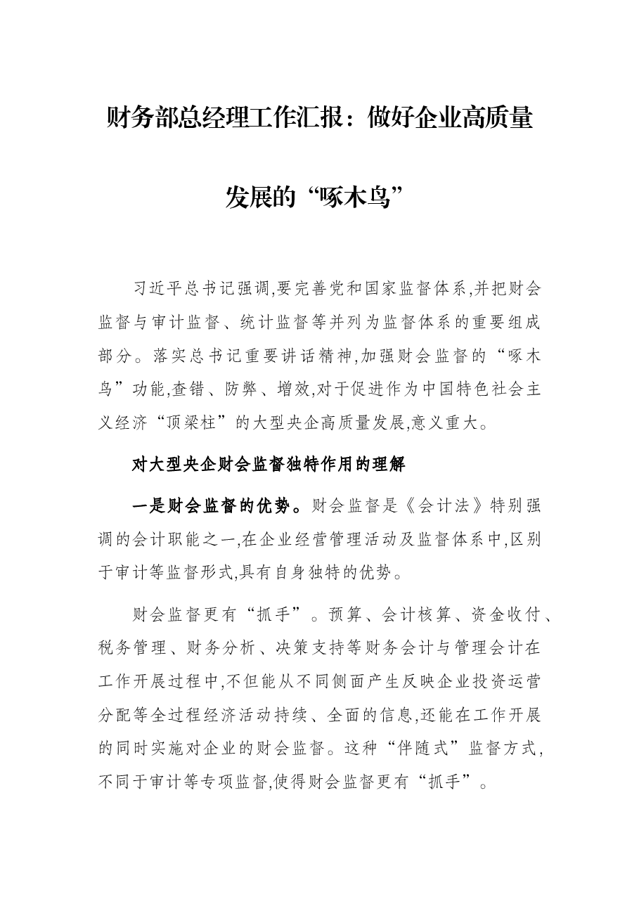 财务部总经理工作汇报:做好企业高质量发展的“啄木鸟”.docx,第1页预览