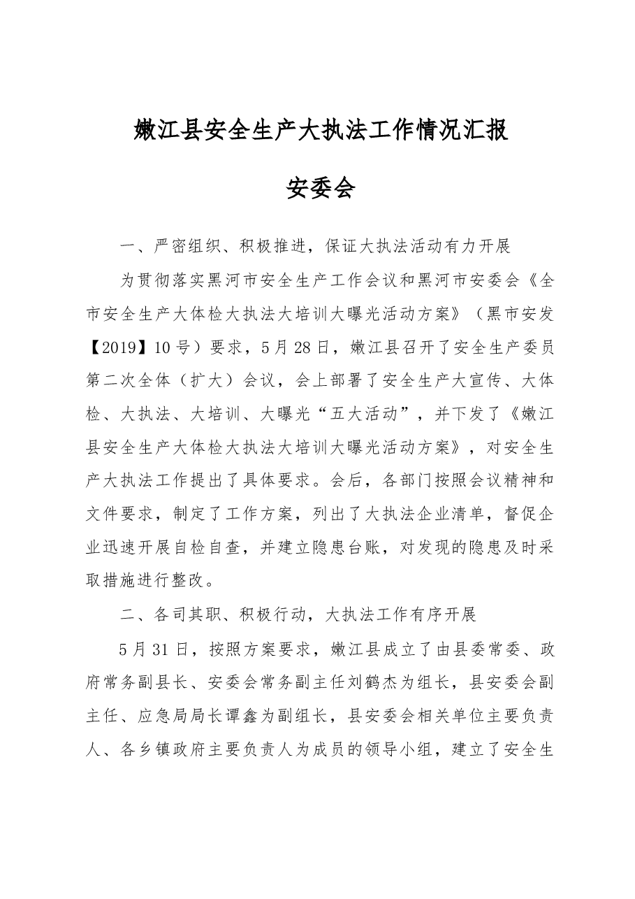 嫩江县安全生产大执法工作情况汇报.docx,第1页预览