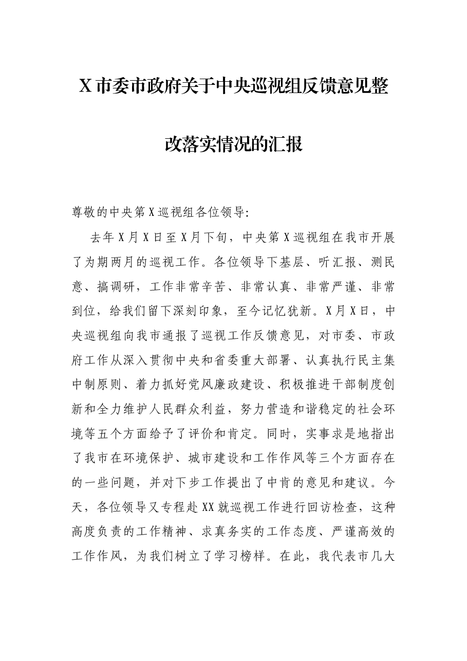X市委市政府关于中央巡视组反馈意见整改落实情况的汇报.docx,第1页预览