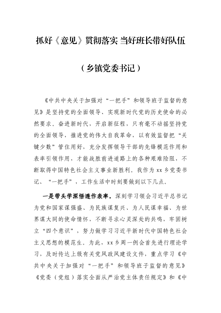 抓好《意见》贯彻落实 当好班长带好队伍(乡镇党委书记).docx,第1页预览