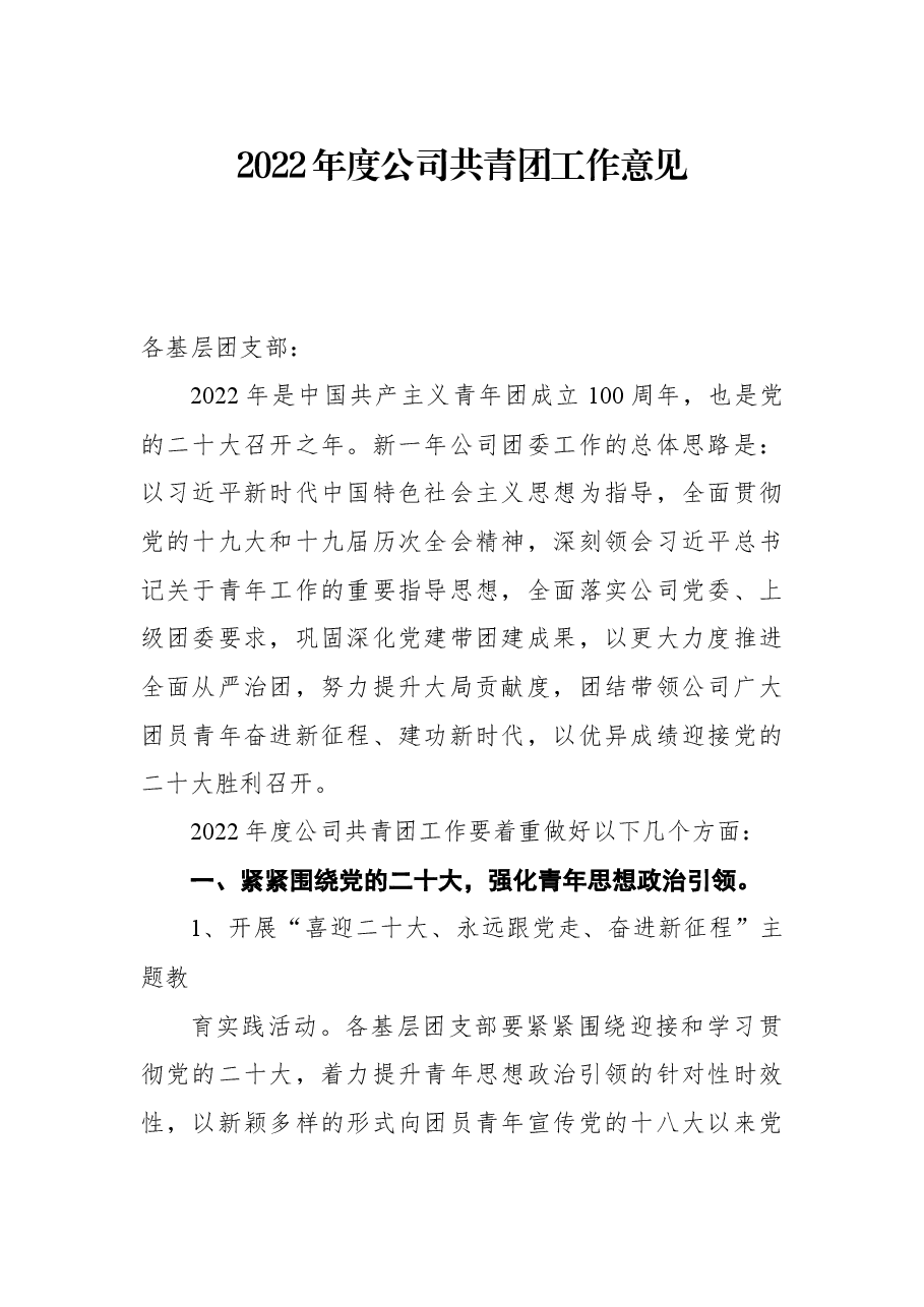 2022年度公司共青团工作意见.docx,第1页预览
