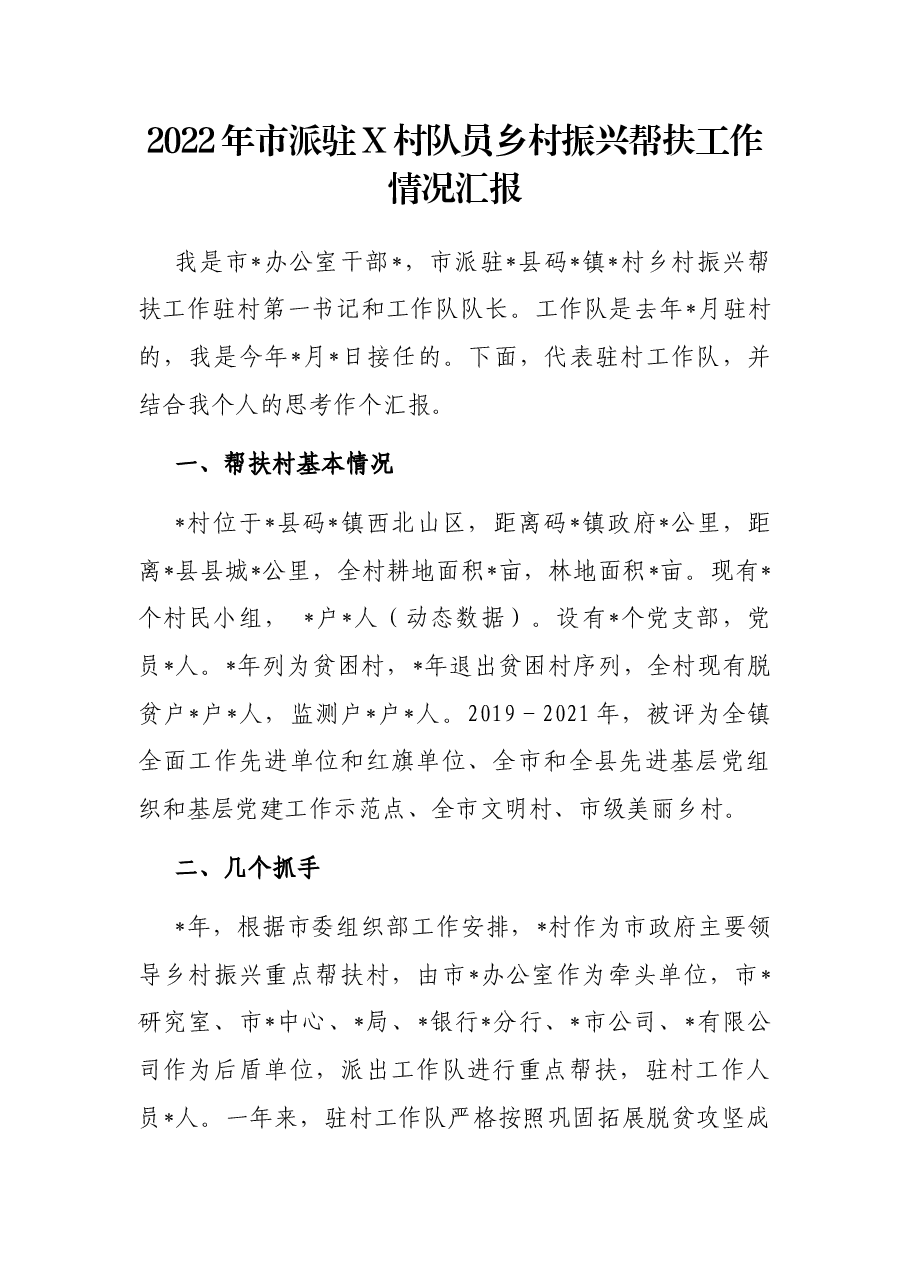 2022年市派驻X村队员乡村振兴帮扶工作情况汇报.docx,第1页预览