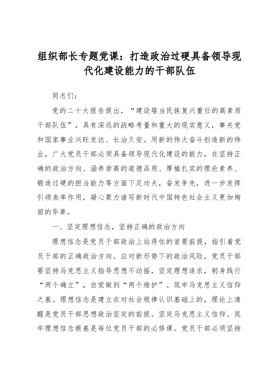 组织部长专题党课:打造政治过硬具备领导现代化建设能力的干部队伍.docx,第1页预览