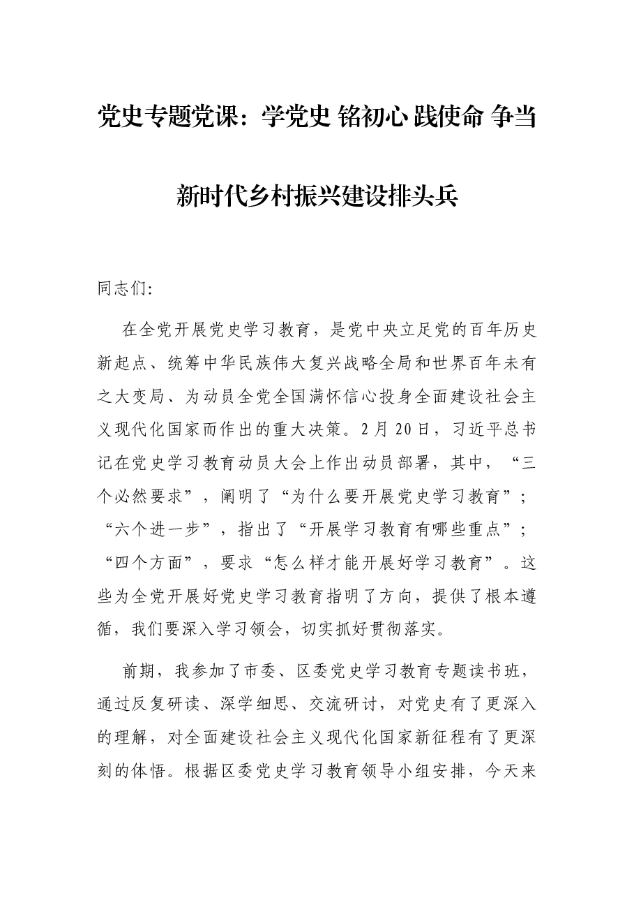 党史专题党课:学党史 铭初心 践使命 争当新时代乡村振兴建设排头兵.docx,第1页预览