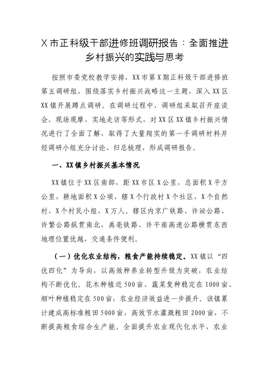 X市正科级干部进修班调研报告:全面推进乡村振兴的实践与思考.docx,第1页预览