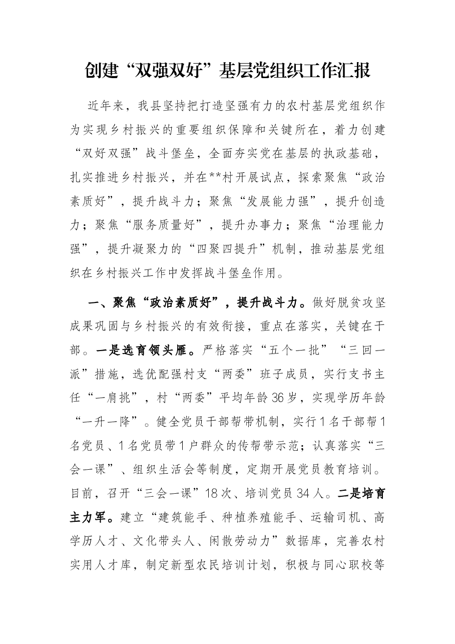创建“双强双好”基层党组织工作汇报.docx,第1页预览