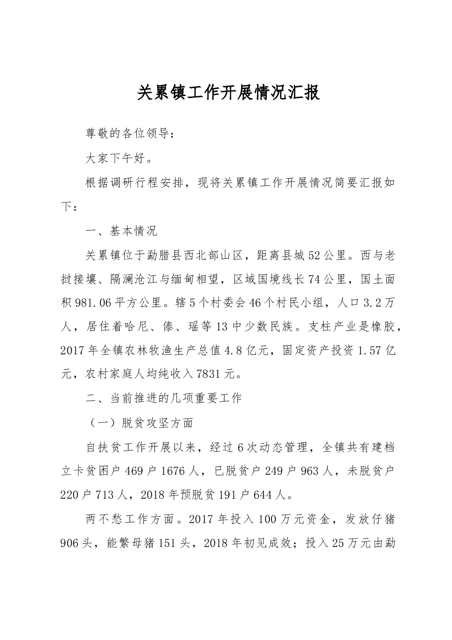 关累镇工作开展情况汇报.docx，第1页预览