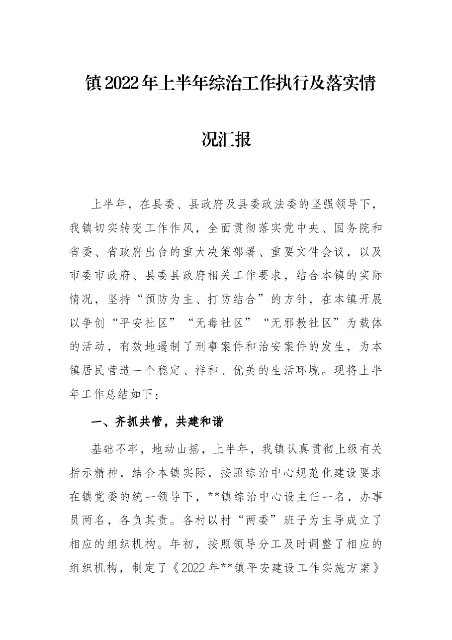 镇2022年上半年综治工作执行及落实情况汇报.docx,第1页预览