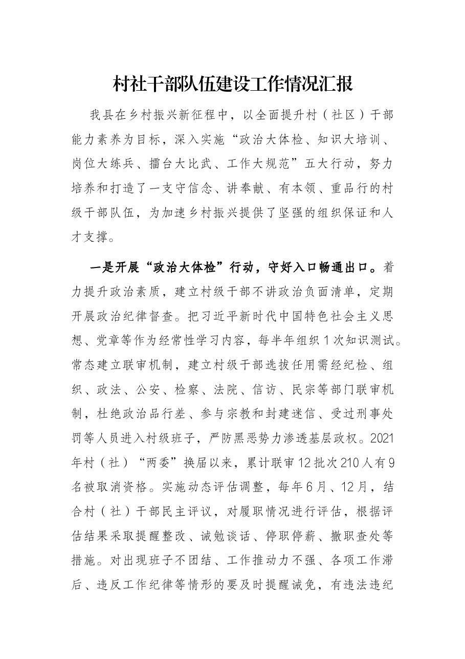 村社干部队伍建设工作情况汇报.docx，第1页预览