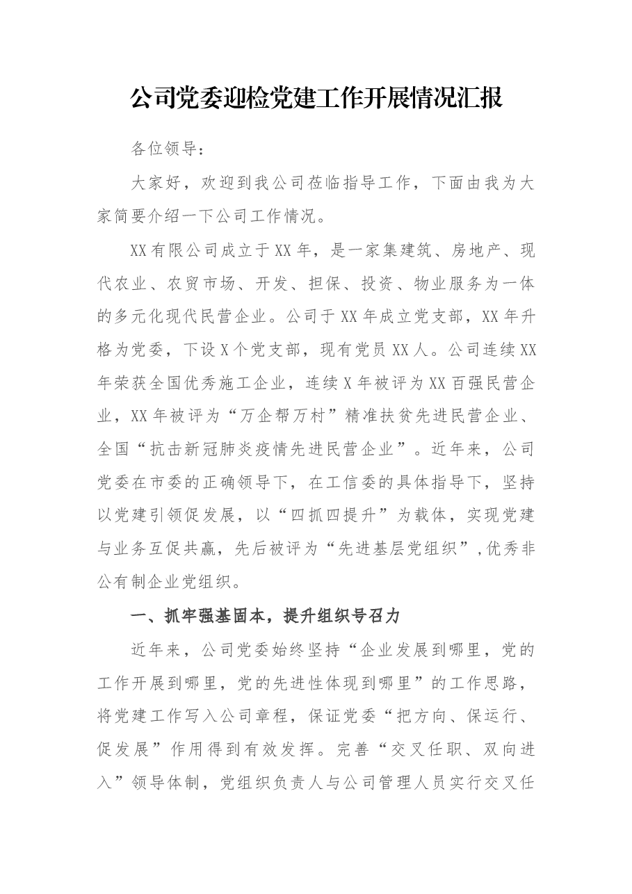 公司党委迎检党建工作开展情况汇报.docx,第1页预览
