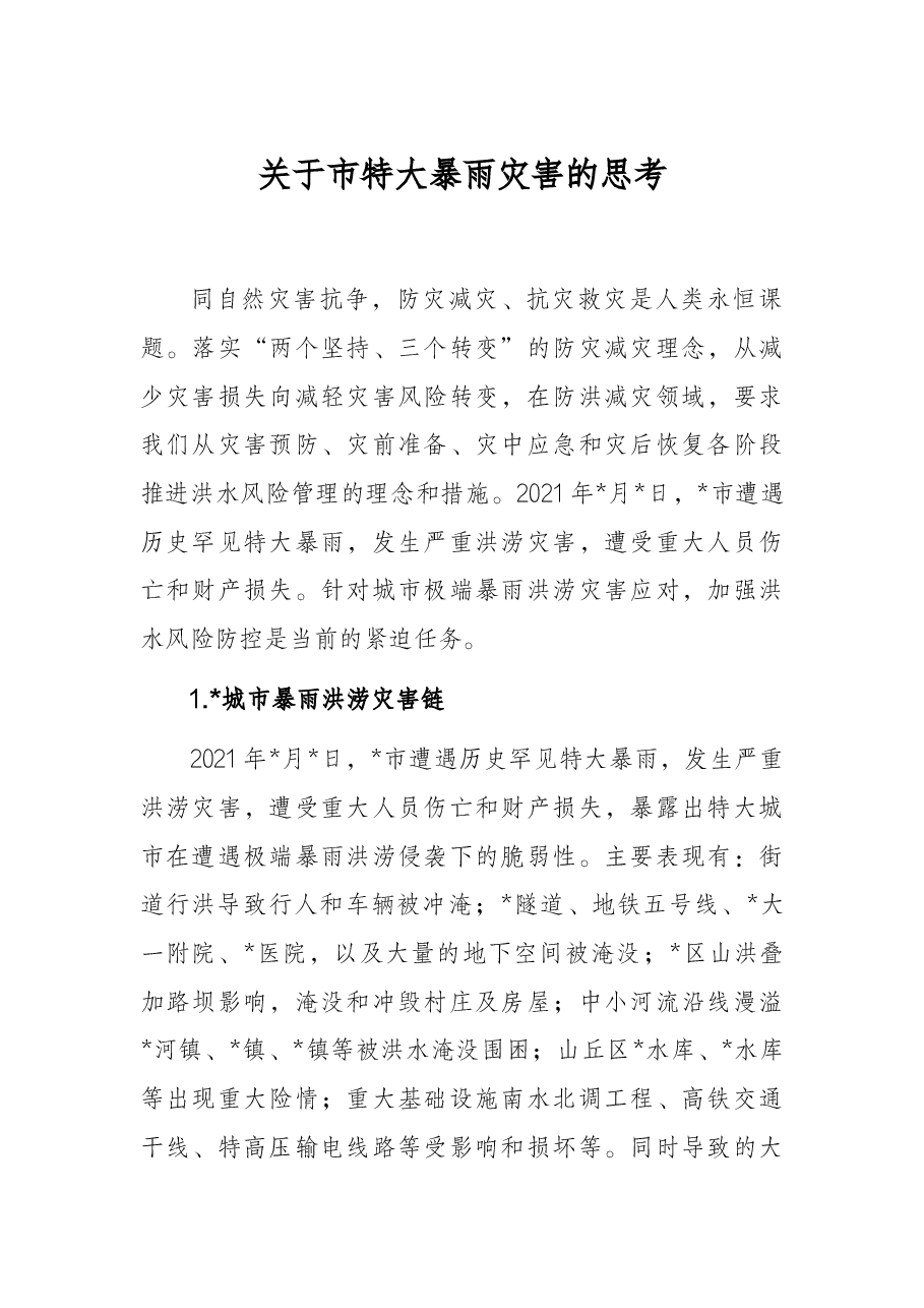关于市特大暴雨灾害的思考.docx,第1页预览