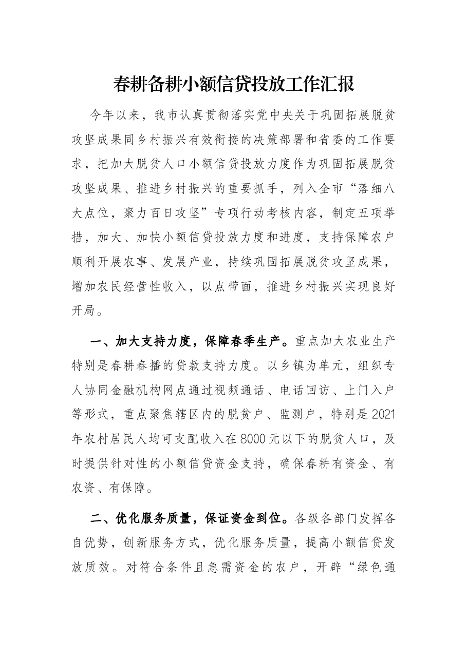 春耕备耕小额信贷投放工作汇报.docx,第1页预览