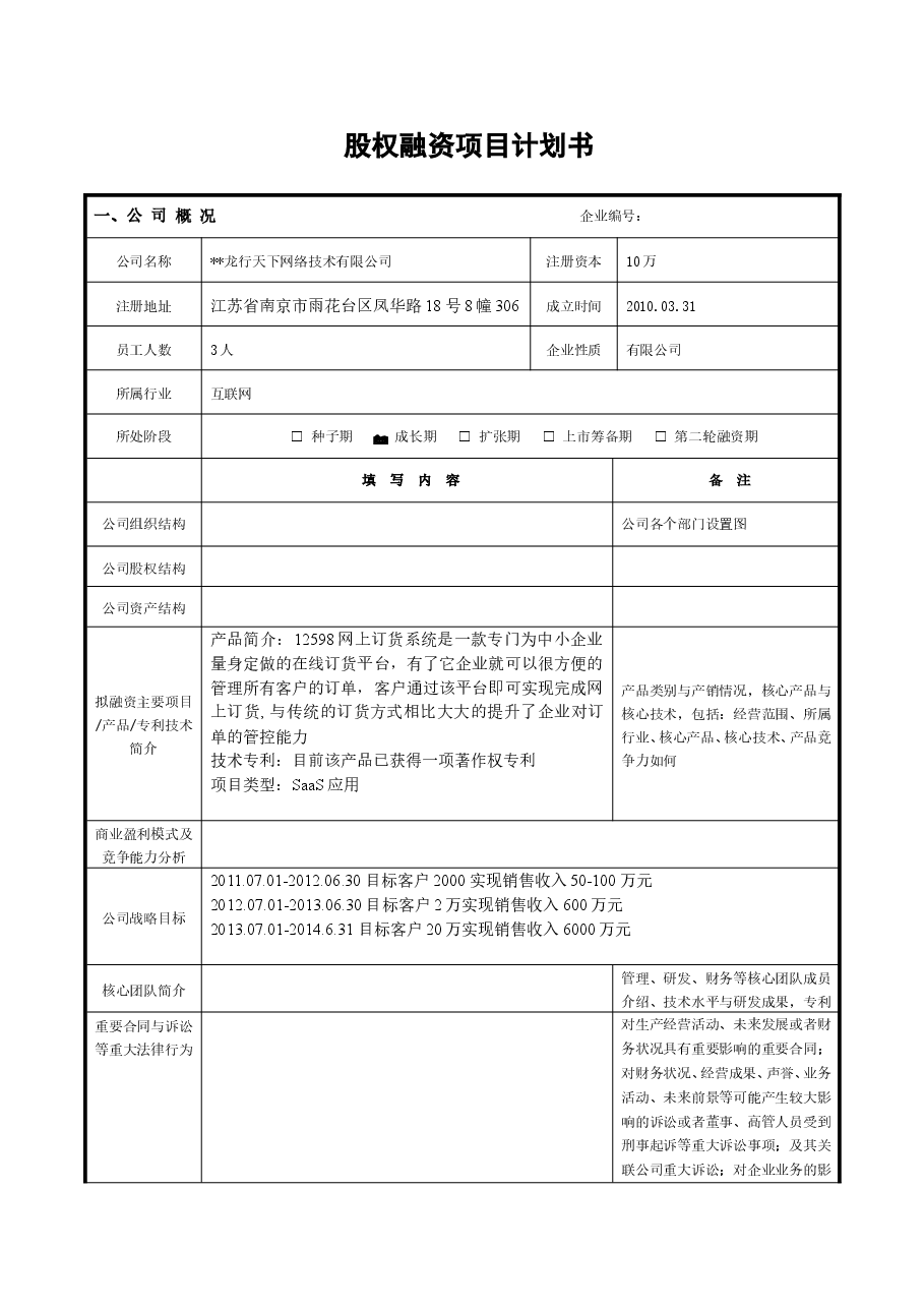 股权融资项目计划书.doc,第1页预览