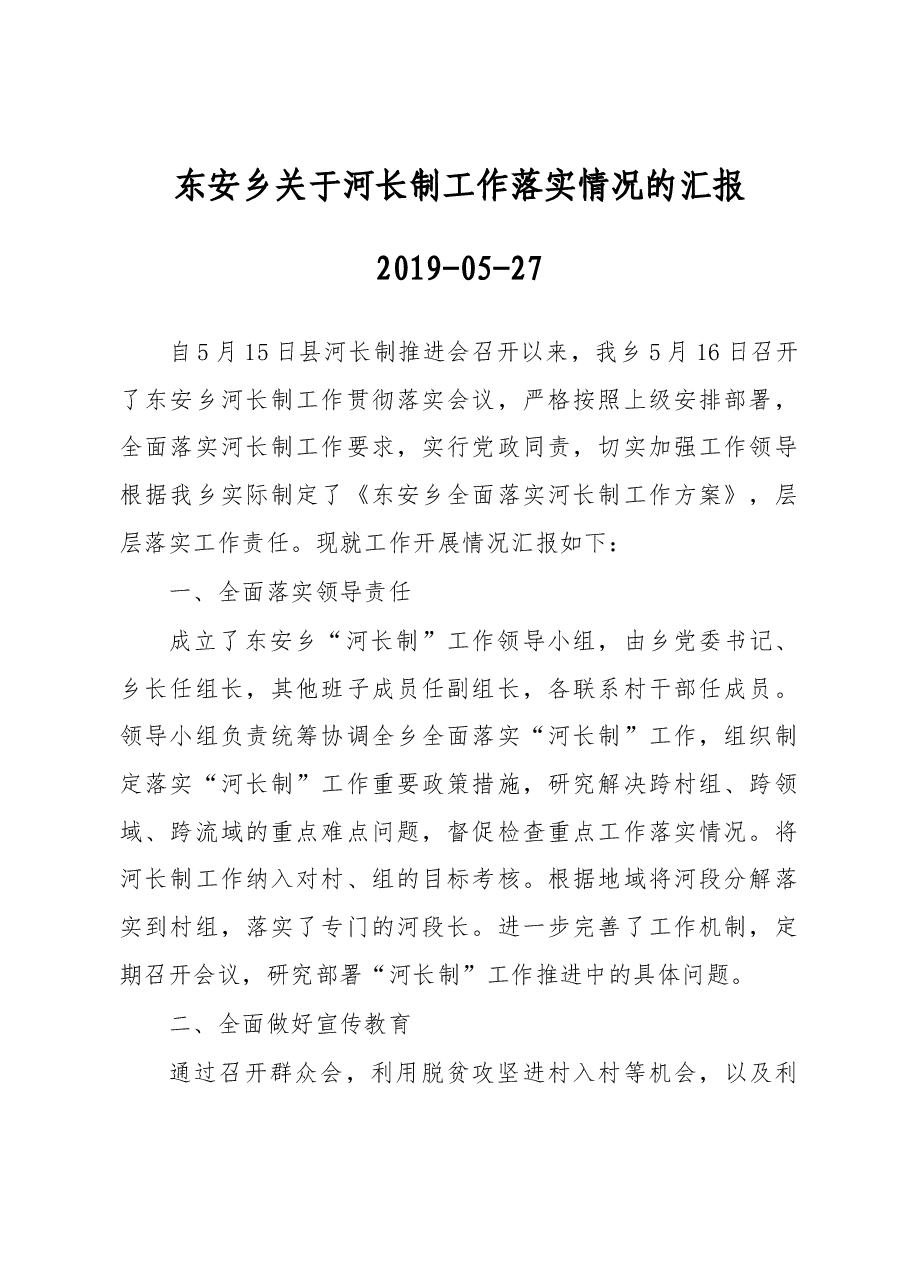 东安乡关于河长制工作落实情况的汇报.docx,第1页预览