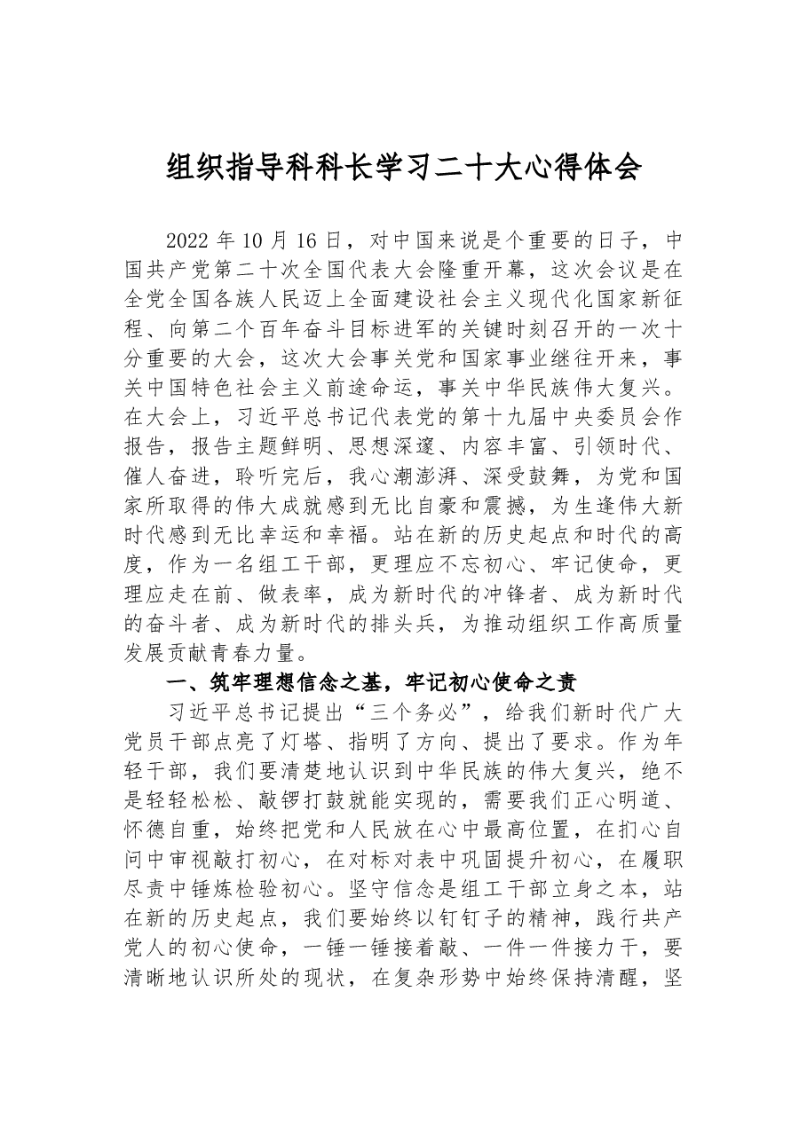 组织指导科科长学习二十大心得体会.docx,第1页预览