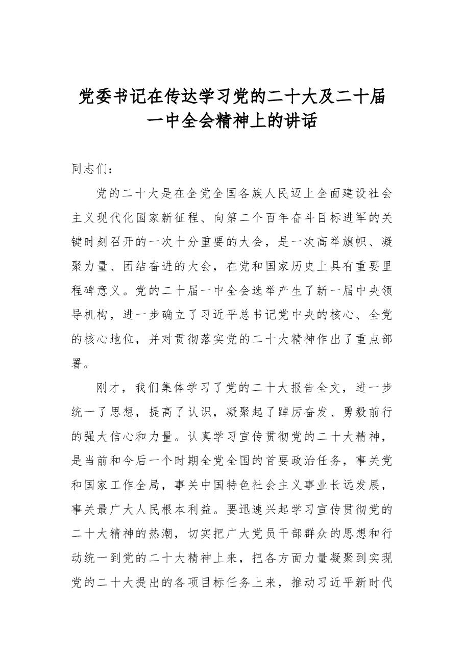 党委书记在传达学习党的二十大及二十届一中全会精神上的讲话.docx,第1页预览