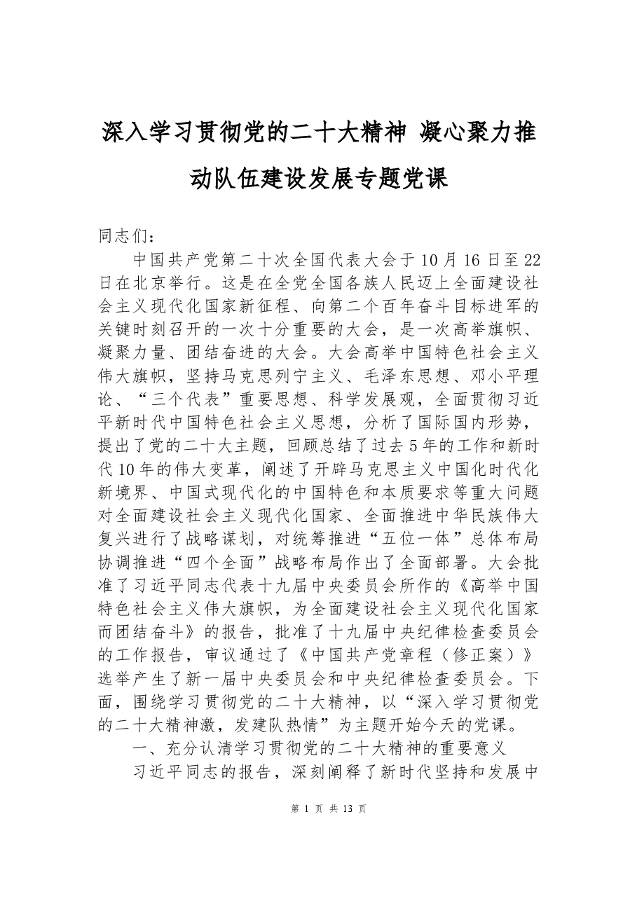 深入学习贯彻党的二十大精神+凝心聚力推动队伍建设发展专题党课.docx,第1页预览