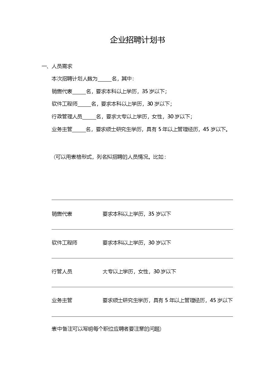 企业招聘计划书.docx,第1页预览