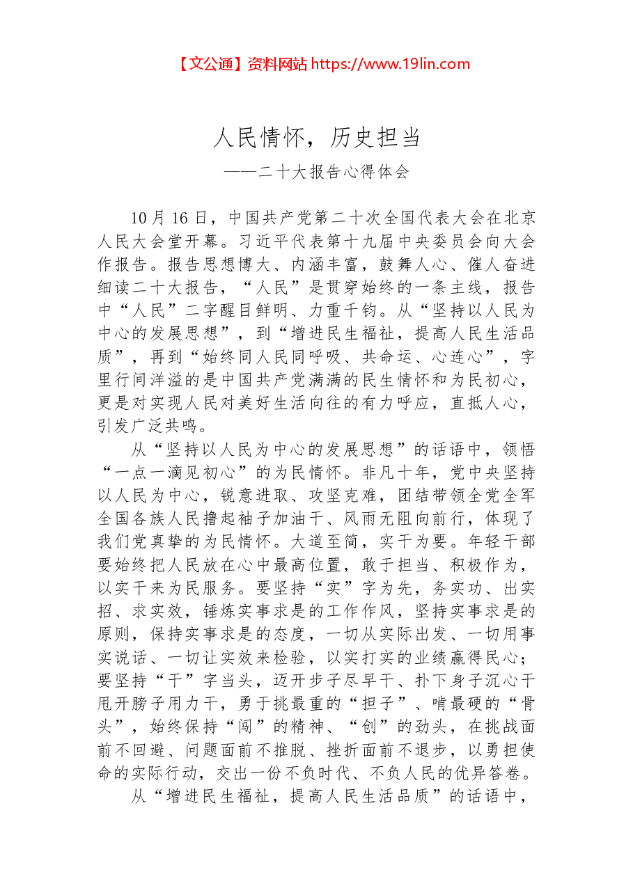 二十大报告心得:人民情怀,历史担当.docx,第1页预览