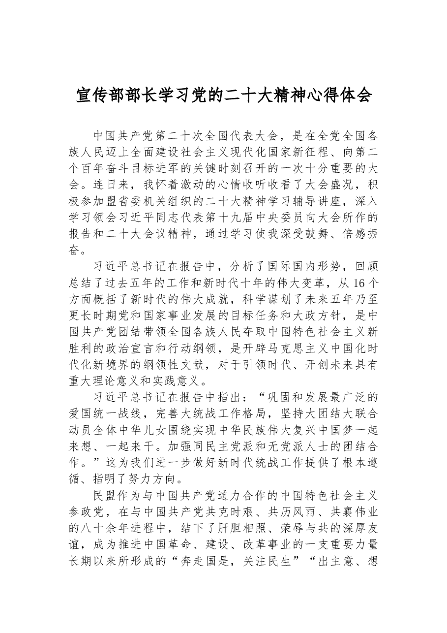 宣传部部长学习党的二十大精神心得体会.docx,第1页预览