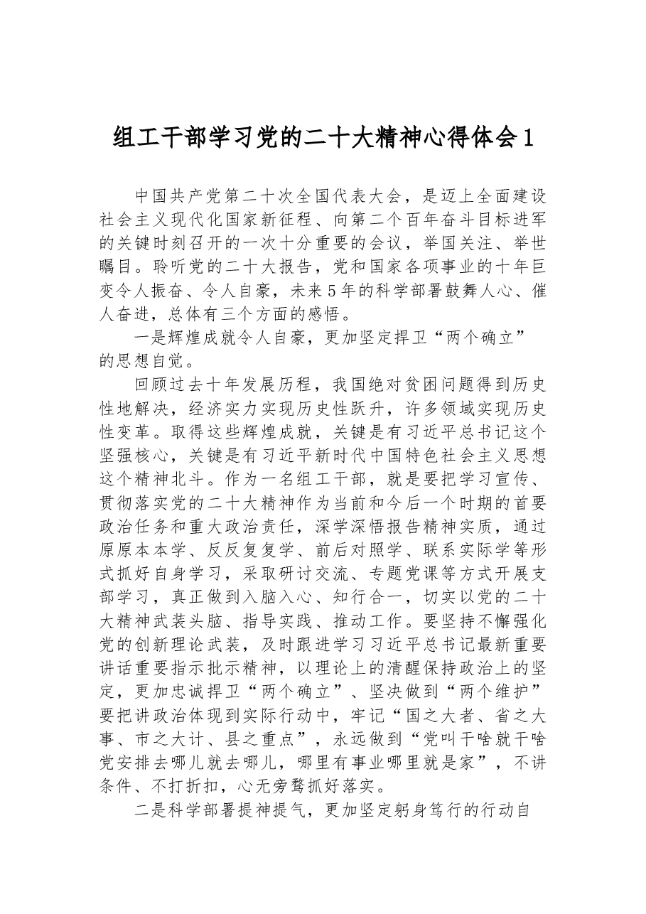 组工干部学习党的二十大精神心得体会1.docx,第1页预览