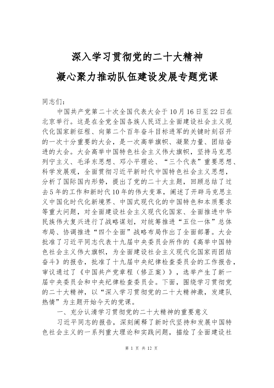 深入学习贯彻党的二十大精神凝心聚力推动队伍建设发展专题党课.docx,第1页预览