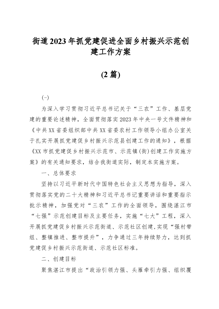 (2篇)街道2023年抓党建促进全面乡村振兴示范创建工作方案.docx,第1页预览