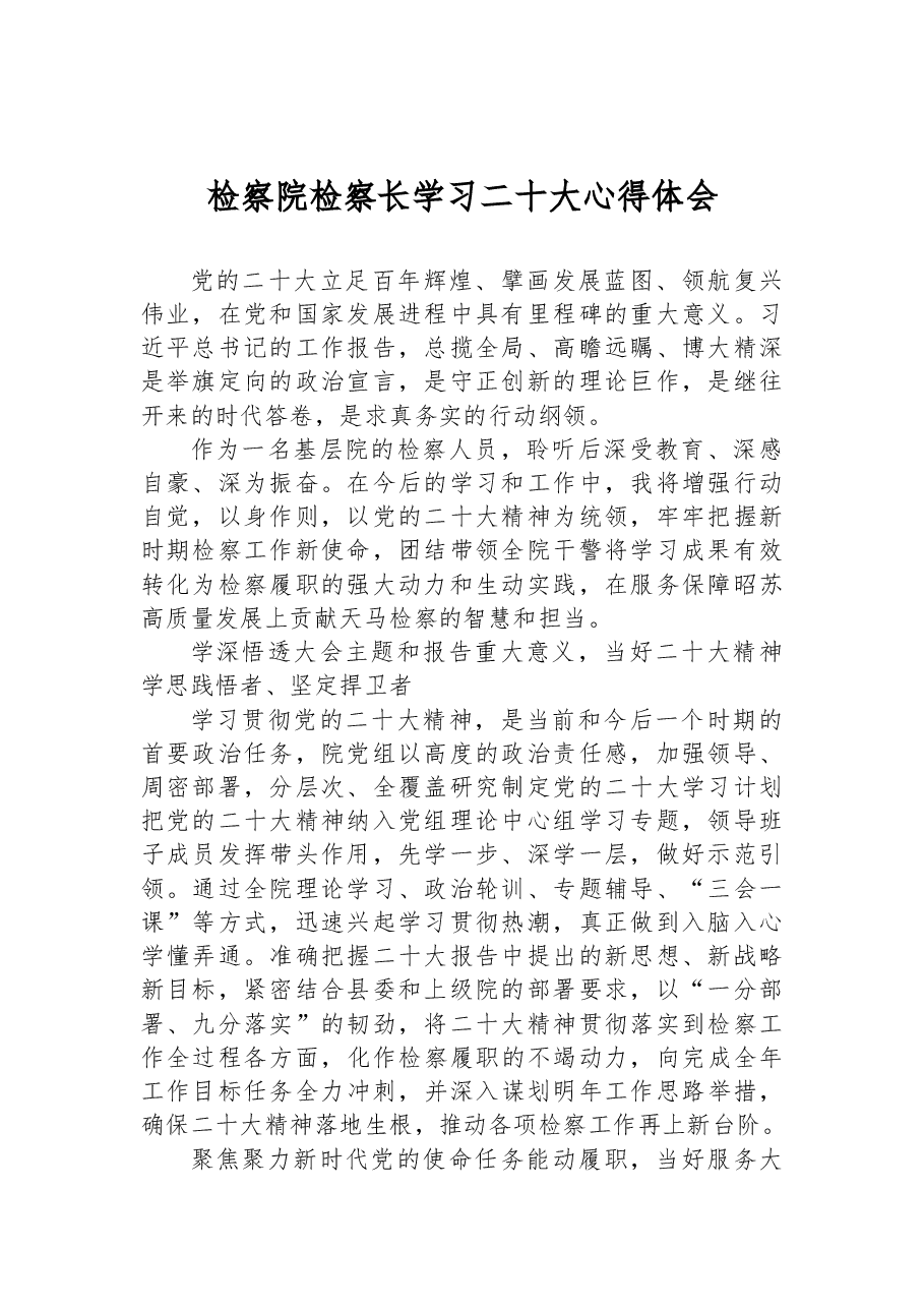 检察院检察长学习二十大心得体会.docx,第1页预览