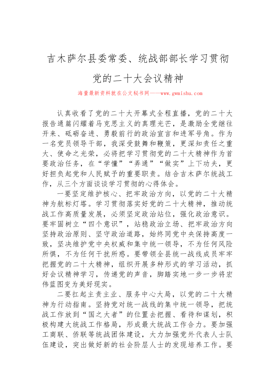 (11篇)统战部学习党的二十大心得体会汇编.docx,第4页预览