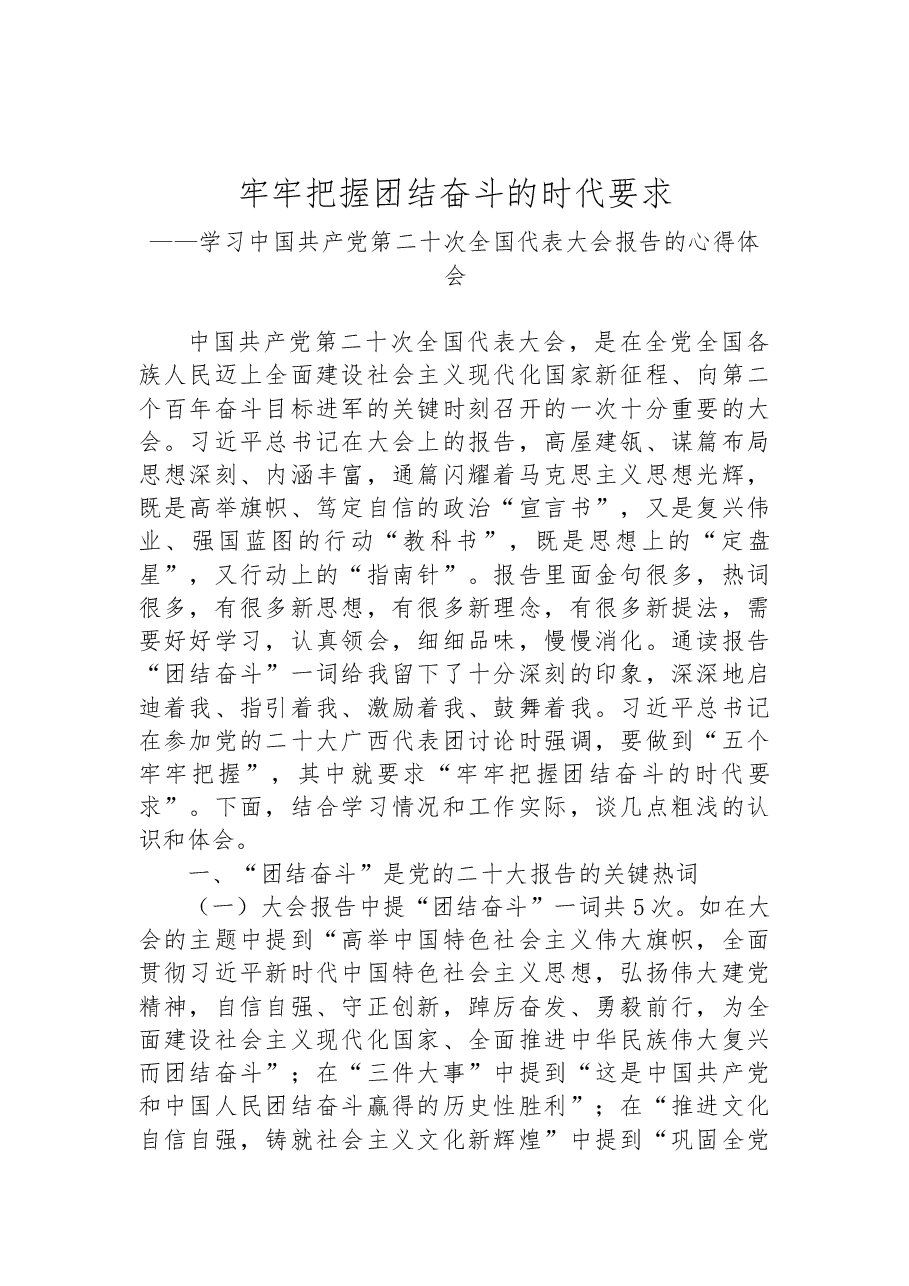 牢牢把握团结奋斗的时代要求——学习党的二十大报告心得体会.docx,第1页预览