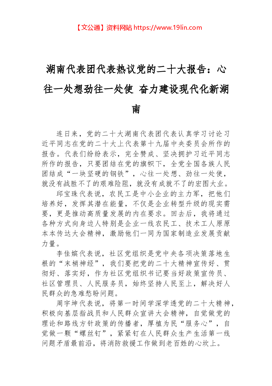 湖南代表团代表热议党的二十大报告:心往一处想劲往一处使 奋力建设现代化新湖南.docx,第1页预览