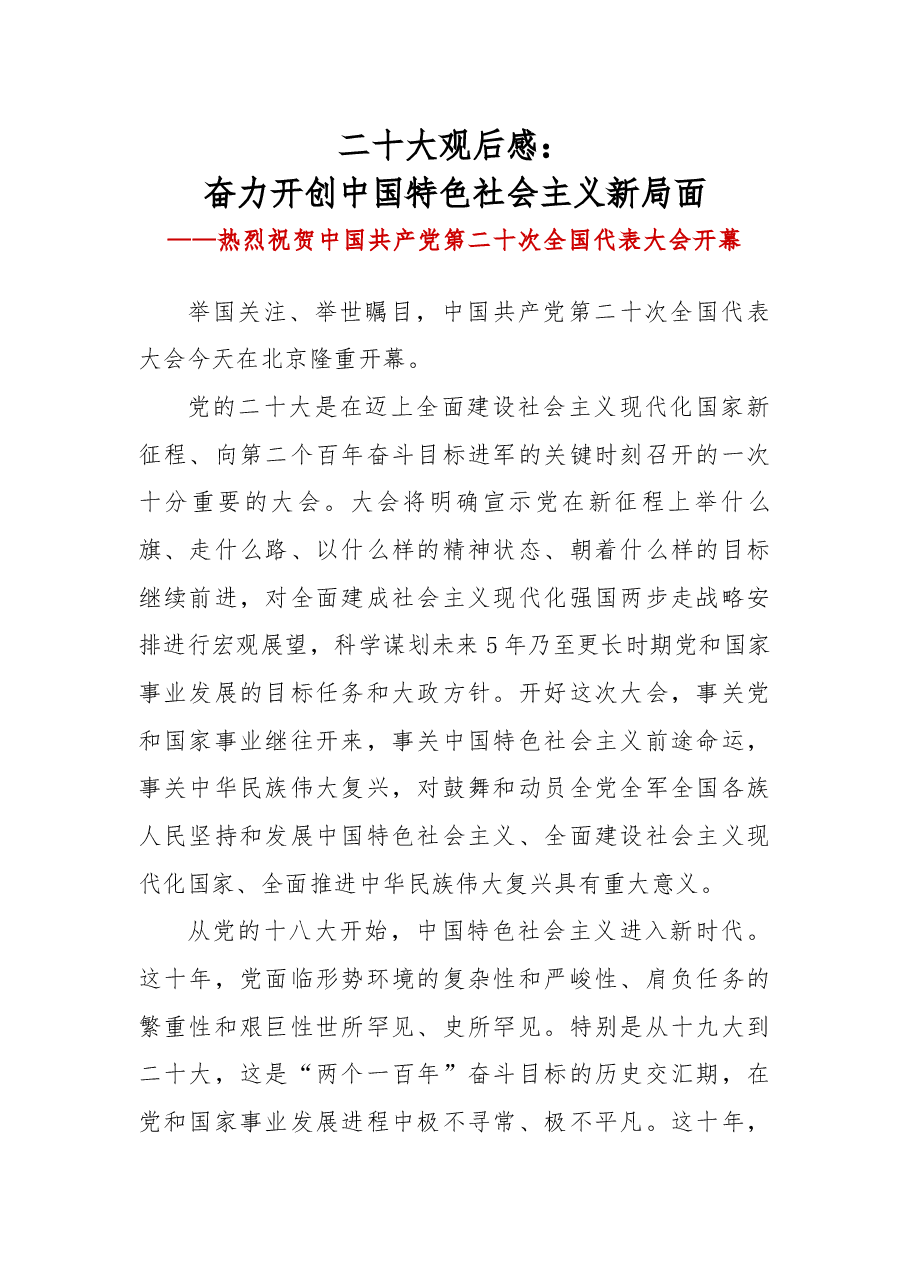 二十大心得体会:奋力开创中国特色社会主义新局面.docx,第1页预览