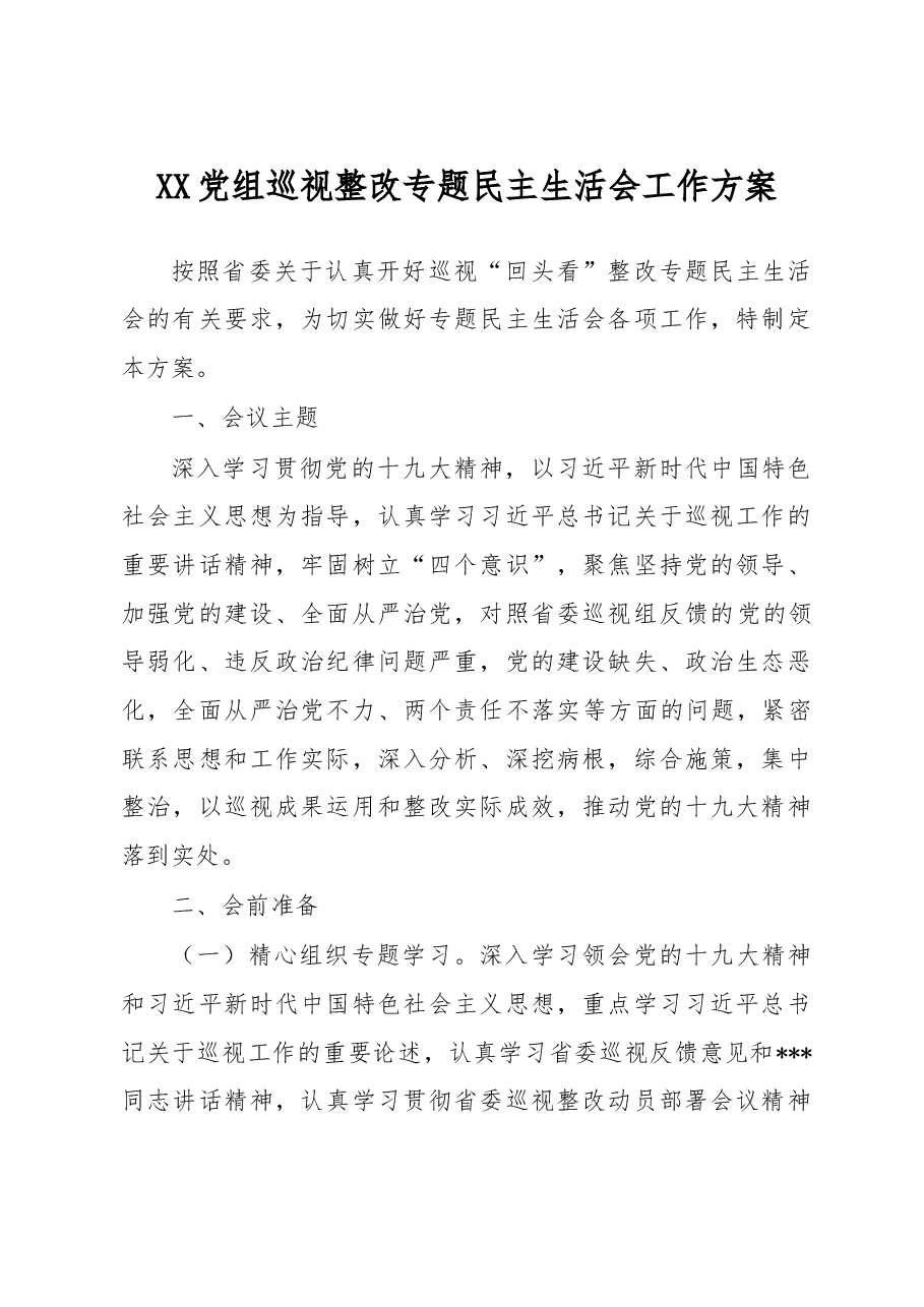 XX党组巡视整改专题民主生活会工作方案.doc,第1页预览
