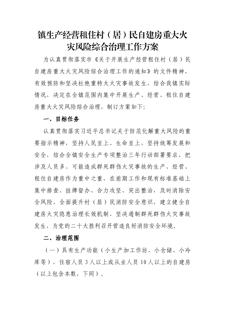镇生产经营租住村(居)民自建房重大火灾风险综合治理工作方案.docx,第1页预览