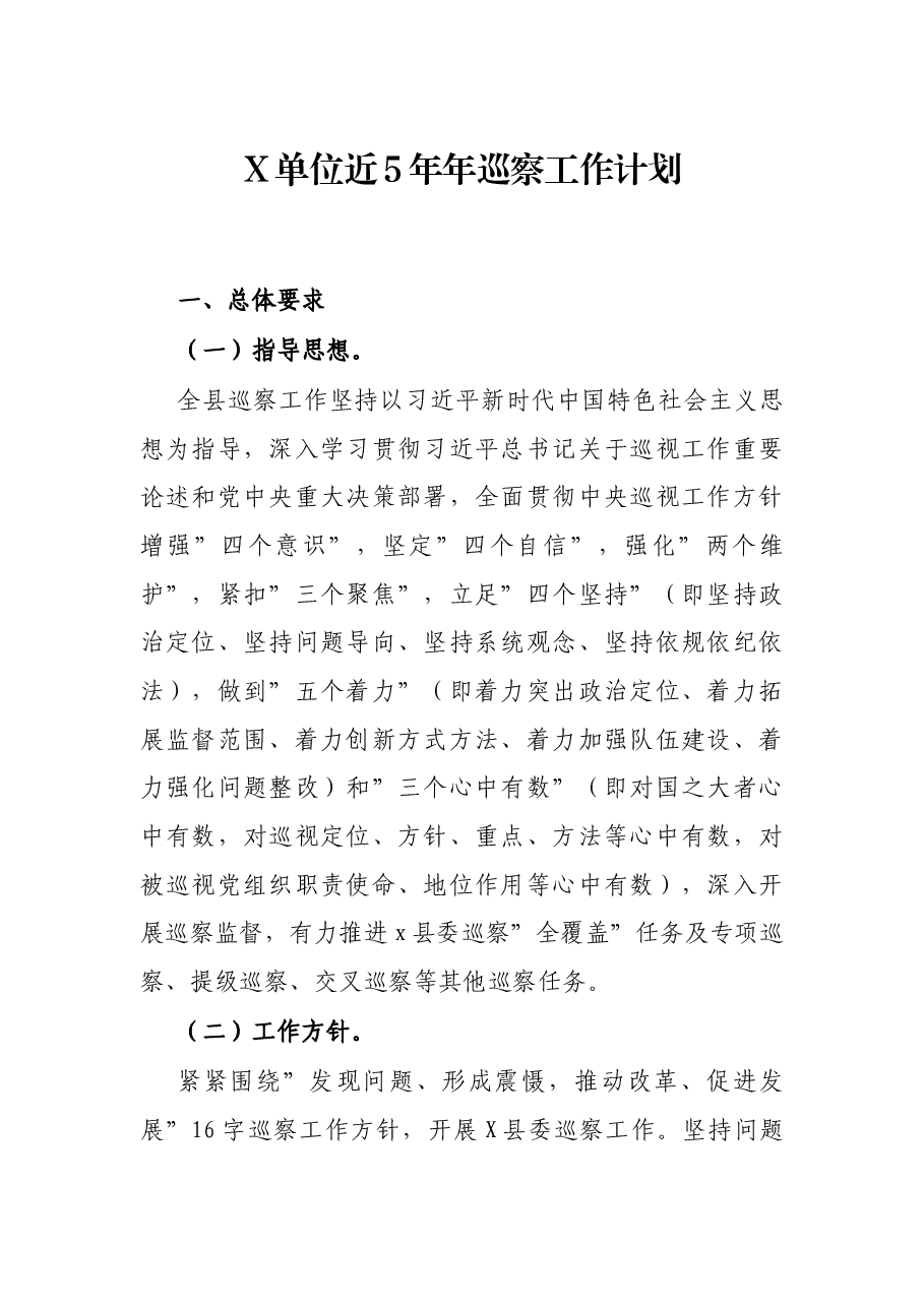 X单位近5年年巡察工作计划.docx,第1页预览