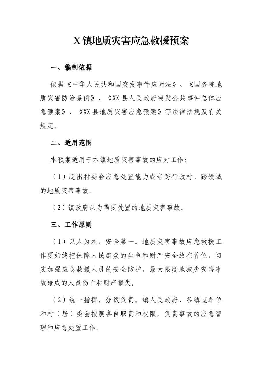 X镇地质灾害应急救援预案.docx,第1页预览