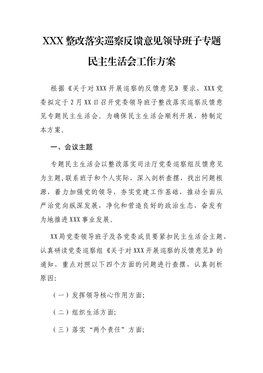 XXX整改落实巡察反馈意见领导班子专题民主生活会工作方案.docx,第1页预览
