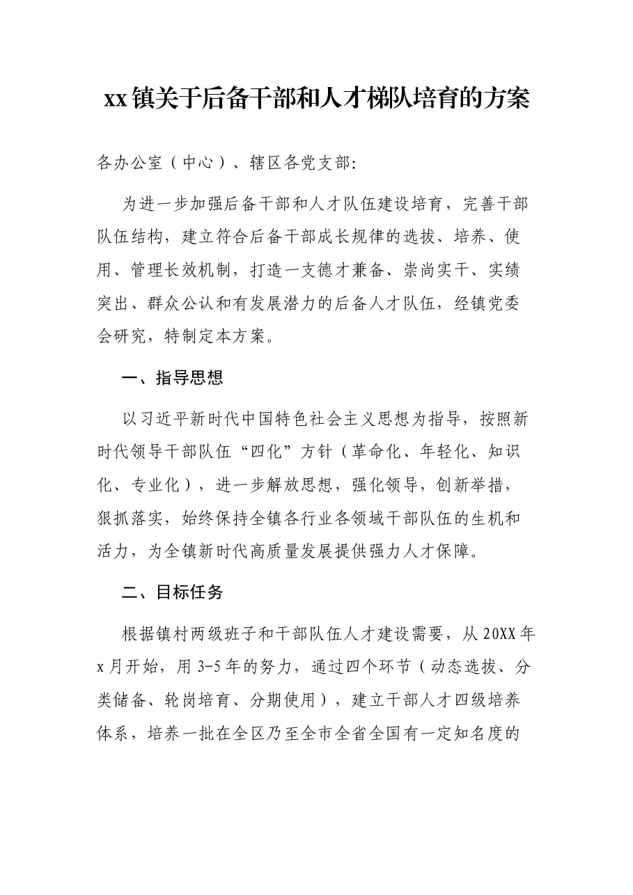 xx镇关于后备干部和人才梯队培育的方案.docx,第1页预览